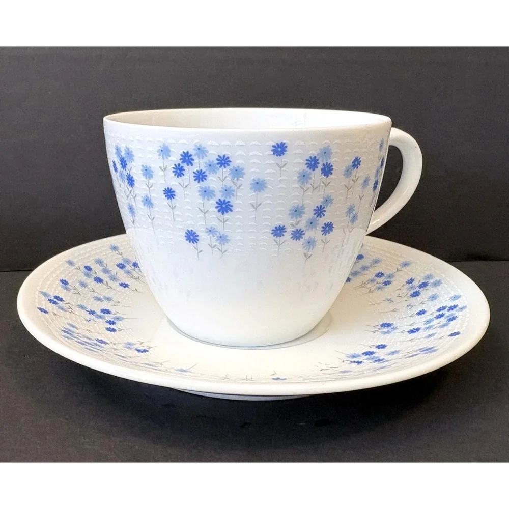 4 Sets Sheffield Rhapsody #503 Blue Floral Cups & Saucers MCM Japan